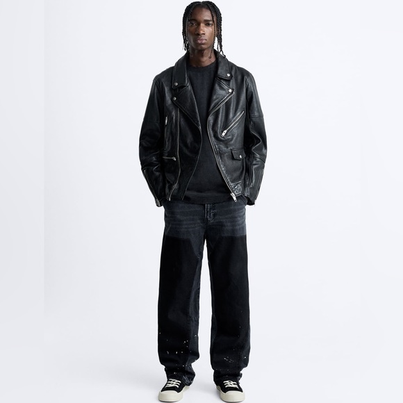 ZARA Mens Sheep Leather Black Biker Moto Jacket S/M & L/XL $249 - Picture 2 of 16